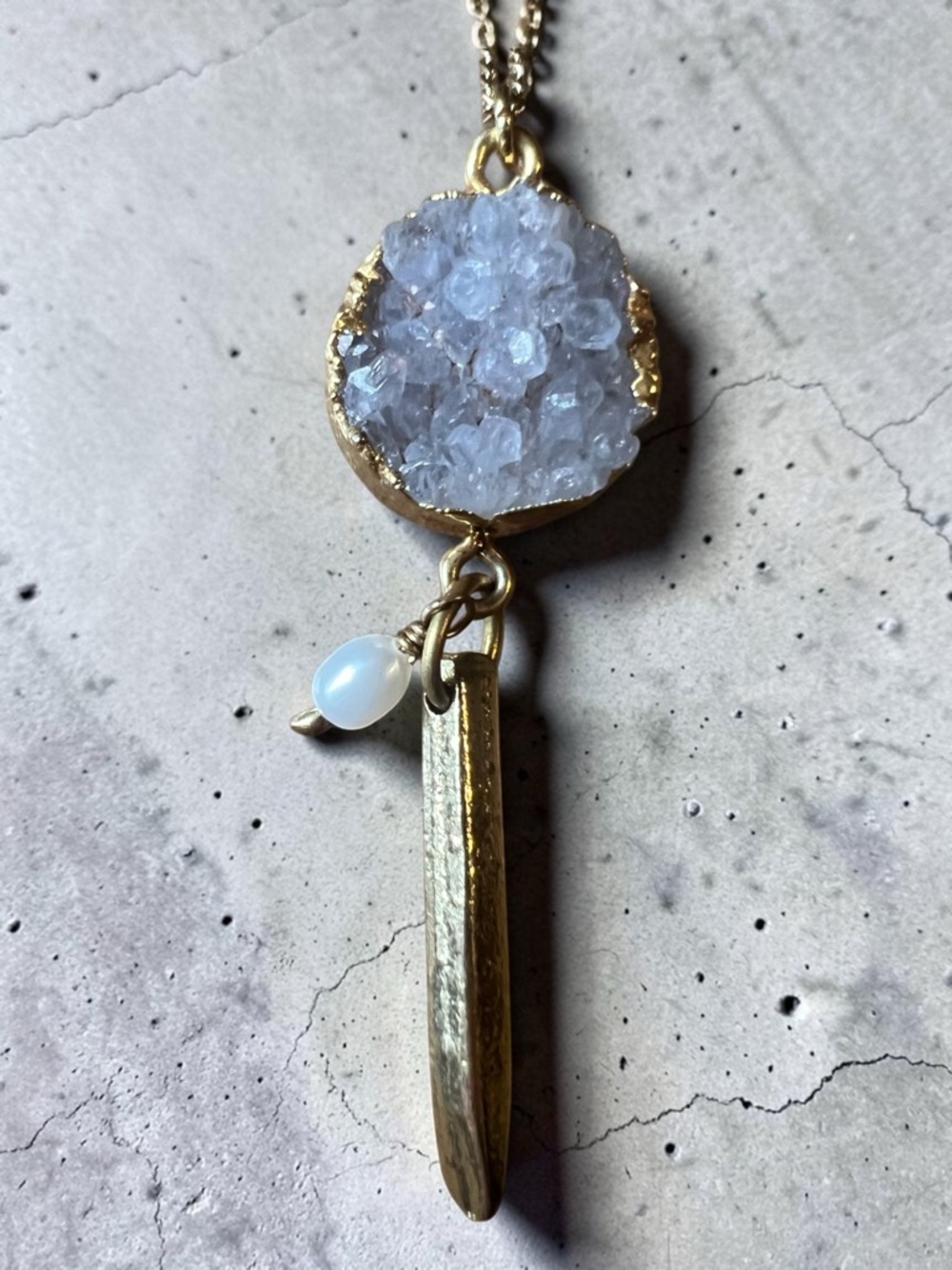 Gold Druzy & Pearl Pendant Necklace - White Druzy Drop